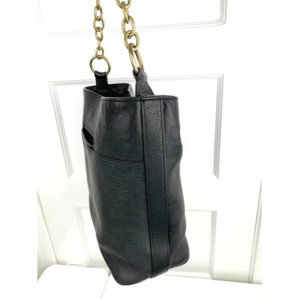 Laundry by Shelli Segal Black Leather Hobo Bucket Purse Gold Chain Strap Medium